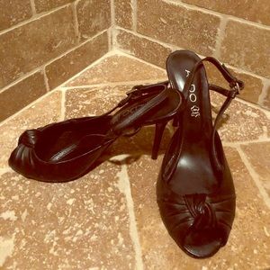 Black leather peep toe heel